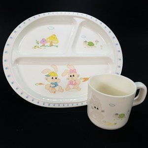 1986 Pecoware Kids Melamine Divided Plate Cup Set Bunny Rabbits Mushrooms